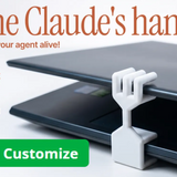 Hand-shaped 3D-printed laptop riser clip propping up a laptop