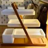 Tiered swing-out desk organizer, side view