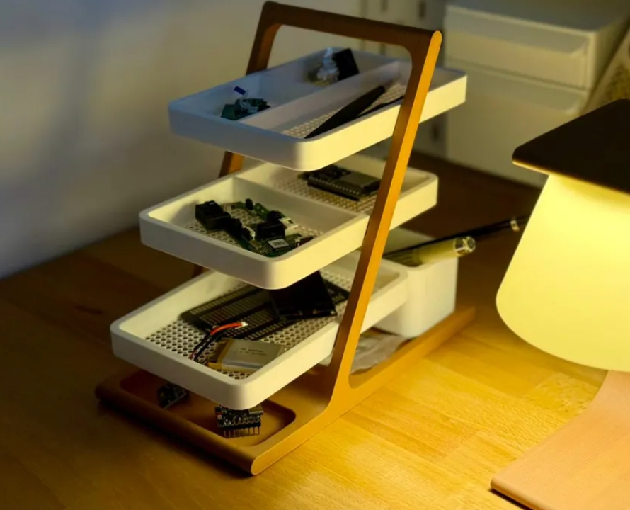 3D-printed tiered swing-out desk organizer with stacked trays