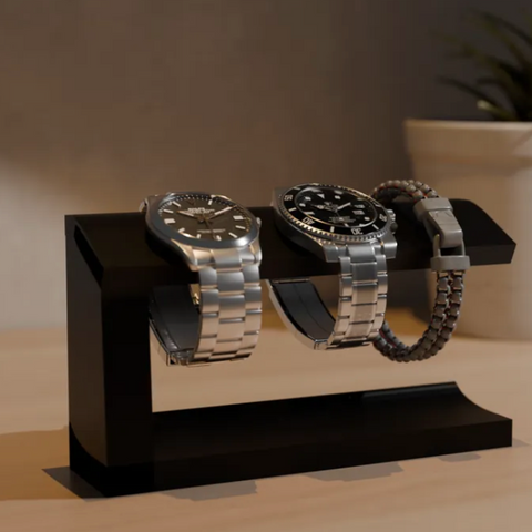 3D-printed watch display stand holding multiple watches