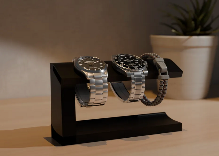 3D-printed watch display stand holding multiple watches